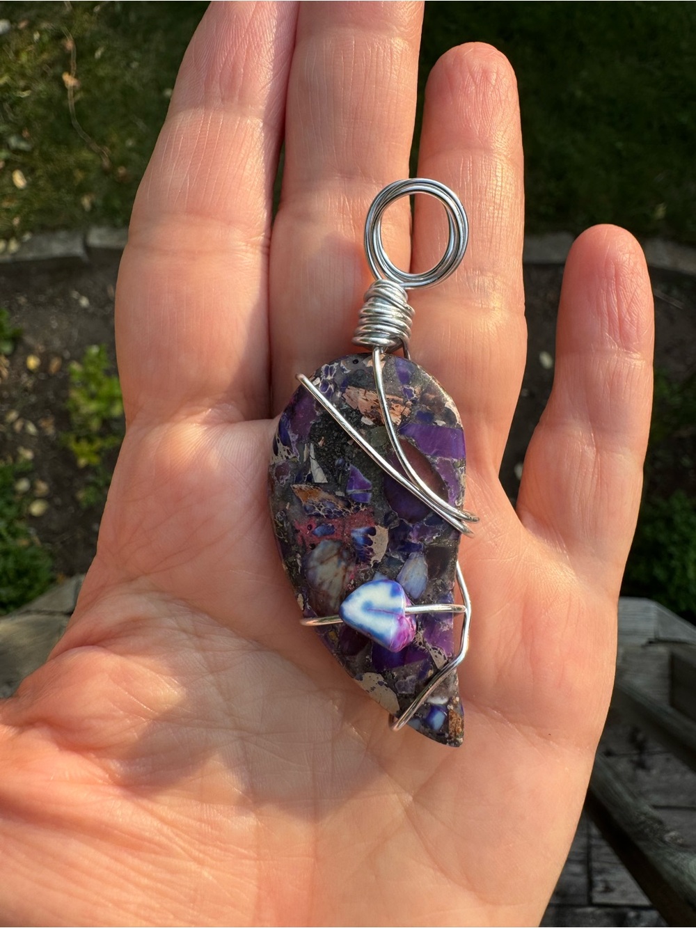 Purple Sea Sediment Jasper Mosaic Matrix Pendant - Silver Wire Wrapped Boho Chic